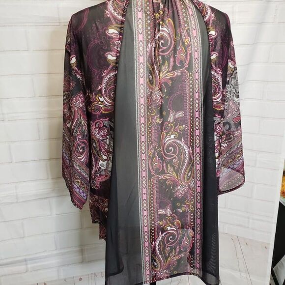 Pretty One World Purple Paisley Cardigan Kimono womens L large Overlay - Picture 4 of 7